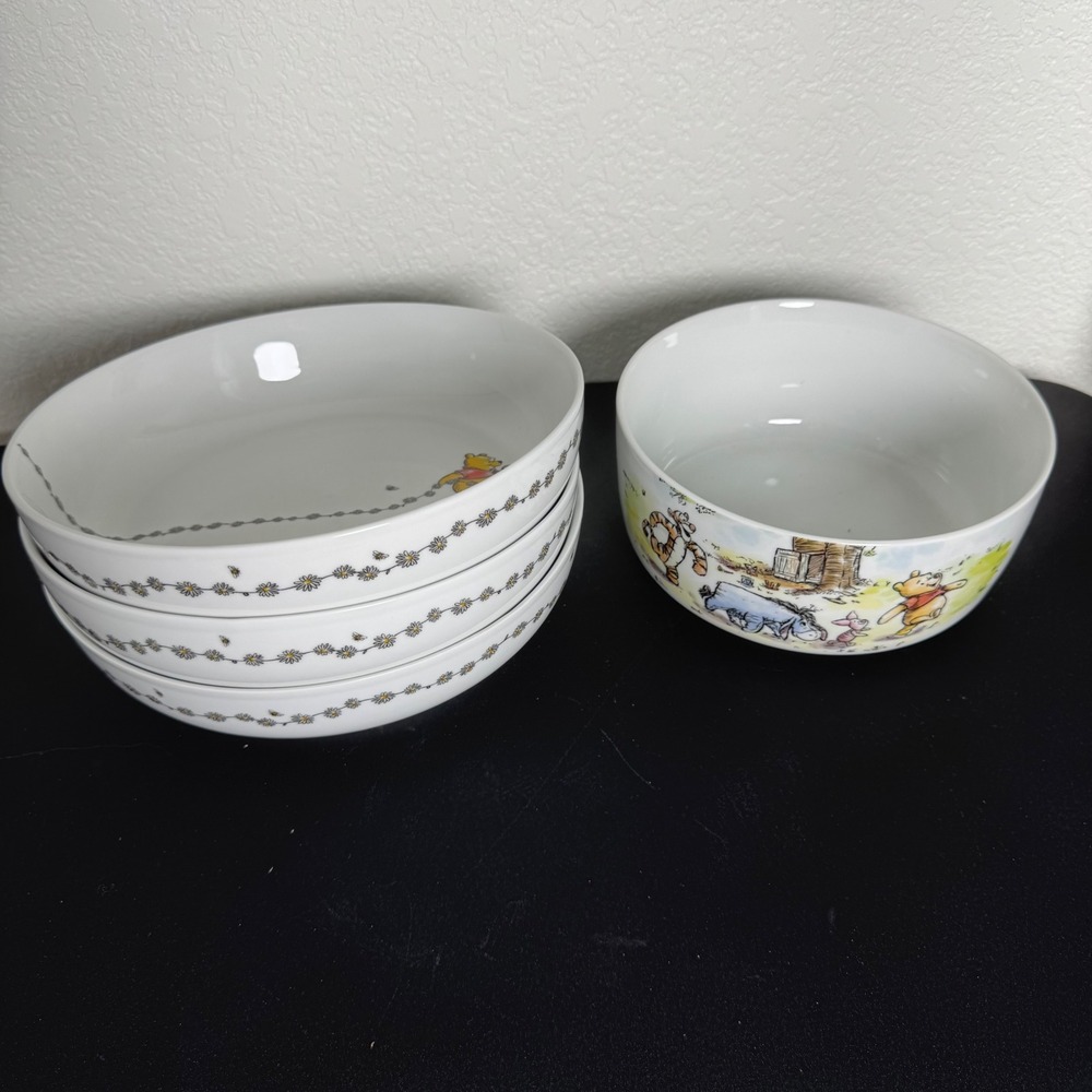 Disney Winnie the Pooh Ceramic Bowl Set 4pc White Pasta Serving Bowls Mixed
